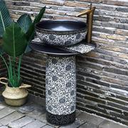 中式青花立柱式洗脸盆复古陶瓷，洗手盆户外庭院，一体式阳台仿古水池