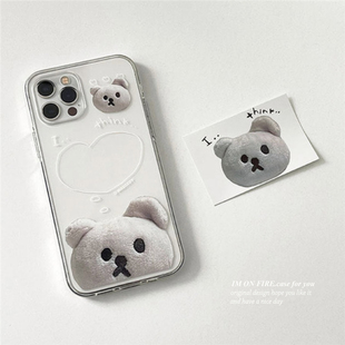 韩国ins可爱毛绒玩具白熊iPhone13promax12pro11xs14plus透明安卓手机壳15pro