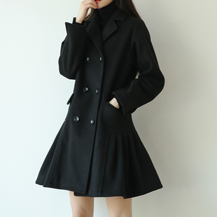 suin2020冬装新韩版学院，风学生显瘦黑色，中长连衣裙式毛呢大衣外套