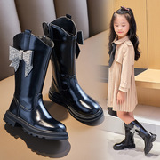 女童单靴中筒皮靴子长靴，2024秋冬季高筒，儿童公主时尚防滑靴子