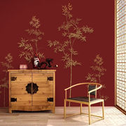 中式墙纸客厅电视背景墙，壁纸古风竹子墙布日式茶室，红黑色简约壁画