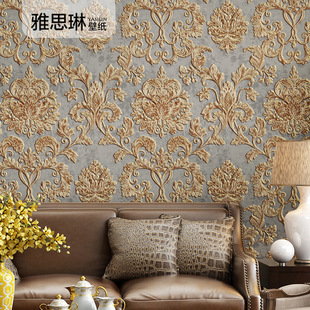 3d立体浮雕欧式花，壁纸奢华无纺布，金色大马士革墙纸卧室客厅背景墙