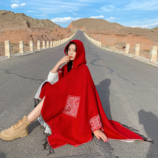 秋冬红色连帽披肩名族风加厚保暖沙漠斗篷女西藏青海云南旅游外套