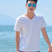 短袖男士夏季t恤v领韩版潮流，修身半袖上衣纯棉白色，情侣t恤纯白夏