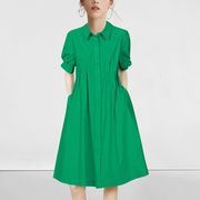 纯色纯棉连衣裙女装大码胖mm遮肚显瘦2023年夏季短袖绿色衬衫