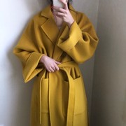 韩国chic设计款绑带翻领长款姜黄色(姜黄色，)罕见外套宽松毛呢大衣