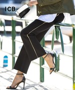 icb日系春装通勤职业拼边棉，混纺休闲针织，长裤松紧腰直筒裤女下装