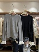 韩国东大门2024年冬季韩版纯棉长袖拼接设计感假两件t桖上衣t恤