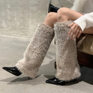 白色兔毛毛靴雪地靴女2023冬保暖棉靴细跟高跟，裤管靴时装长靴