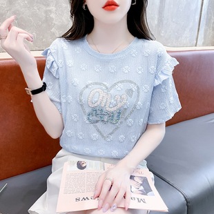 韩国夏季白色纯棉女士短袖t恤2024年圆领荷叶边烫钻雪纺上衣