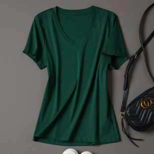 墨绿色丝光棉t恤女短袖2024夏季时尚V领修身打底体桖半袖上衣