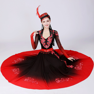 新疆舞蹈演出服装红色大摆长裙女维吾尔族艺考表演服新阿瓦尔古丽