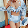 韩国蓝白条纹长袖分体，三角高腰比基尼，三件套钢托小胸聚拢游泳衣女