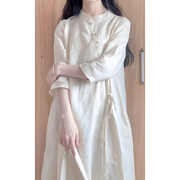 新中式国风禅意女装改良旗袍年轻款棉麻高端气质白色连衣裙子