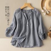 棉麻秋季上衣女，2023苎麻文艺复古港味灰色，法式亚麻小衫衬衫
