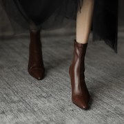 网红瘦瘦靴尖头高跟小短靴子女2022年秋季单靴ins性感粗跟弹力靴