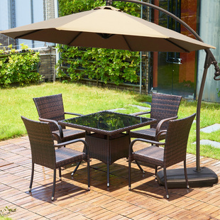 户外桌椅露台花园庭院藤椅，休闲组合室外带伞，露天椅茶桌编藤遮阳伞