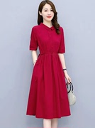 红色衬衫纯棉连衣裙女夏2023气质遮肚子收腰显瘦休闲减龄裙子