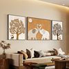 侘寂风发财树客厅装饰画抽象麋鹿油画肌理大象沙发背景墙三联壁画