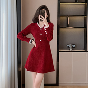 秋冬红色长袖连衣裙2023小个子女百搭减龄收腰显瘦打底中长裙