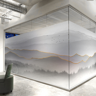 办公室磨砂玻璃贴膜透光不透明中国风景山水画新中式静电贴纸定制