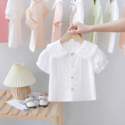 女童蕾丝翻领短袖衬衫夏季婴儿白色上衣，宽松儿童衬衣女宝宝打底衫
