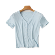 1784针织花边小衫 木耳边棉质v领纽扣纯色开衫短款时尚T恤衫外贸