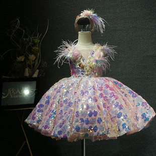 儿童礼服粉色短款甜美公主裙，女童花童婚纱主持走秀新年演出礼服