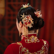 中式秀禾服新娘结婚头饰红色琉璃花朵复古发饰流苏唯美配饰致欣