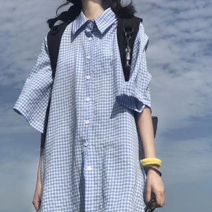 韩版短袖格子衬衫女2023夏季宽松小众中长款日系休闲衬衣学生上衣