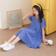 夏季韩版女童娃娃翻领短袖连衣裙，中大童高腰荷叶，边学院风公主裙子