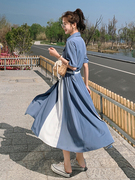 2021夏季温柔风短袖，衬衫裙蓝色，拼接连衣裙女法式雪纺气质长裙