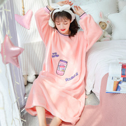 韩版加绒加厚长款法兰绒睡裙女秋冬季甜美可爱长袖珊瑚绒睡衣裙袍
