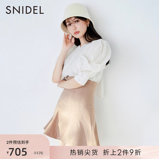 snidel秋冬纯色蝴蝶结系带，泡泡袖雪纺衬衫上衣swfb234022