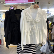 韩国东大门春季时尚气质甜美宽松白色娃娃领长袖衬衫女装