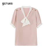 gcrues蝴蝶结绑带上衣，气质2024宽松雪纺衬衫女夏薄款短袖粉色