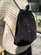 韩国小众设计女包袋磨砂绒拼接彩色宝石链条双肩包抽绳手提背包