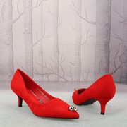 红色水滴金属圆珠尖头高跟细跟赫本风百搭淑女鞋子气质单鞋P57-2