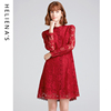 海兰丝春季中式旗袍改良版，蕾丝连衣裙复古长袖红色小礼服女