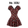 Ms XIDU复古少女 气质裙子女收腰显瘦短裙小个子红色格子连衣裙夏