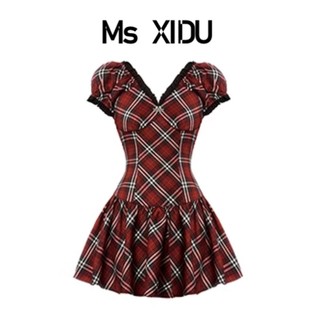 msxidu复古少女气质裙，子女收腰显瘦短裙小个子，红色格子连衣裙夏