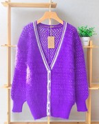 外贸原单紫色加厚柔软马海毛开衫外套长袖，毛衣秋冬保暖甜美上衣