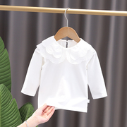 女童t恤2023春装，韩版纯棉打底衫女宝宝白色长袖上衣蕾丝2体恤