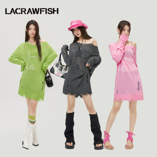 lacrawfish辣妹慵懒可拆卸链条露肩破洞宽松中长款针织衫连衣裙