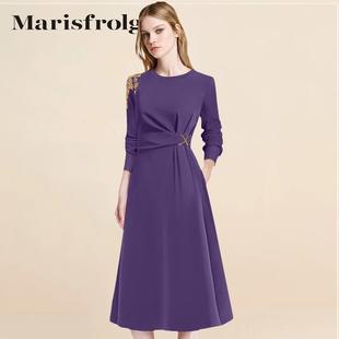 玛丝菲尔重工钉珠连衣裙女装2024秋季长袖紫色显瘦中长款裙子