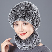 秋冬季女保暖獭兔毛，帽子妈妈时髦洋气护耳帽风雪，帽围巾套装厚围脖