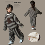 儿童韩版复古条纹套装2023冬装洋气加绒加厚男女童冬季保暖两件套
