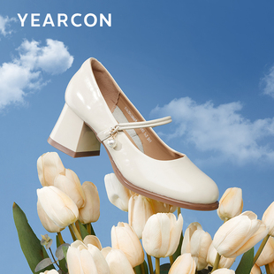 玛丽珍女鞋高跟真皮增高女鞋，2024春季复古法式白色粗跟单鞋女