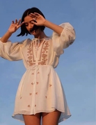 波西米亚苎麻重工刺绣圆领泡泡袖娃娃连衣裙