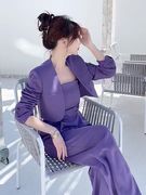 小个子套装气质女神范高端秋季紫色干练气质西装吊带连体裤两件套